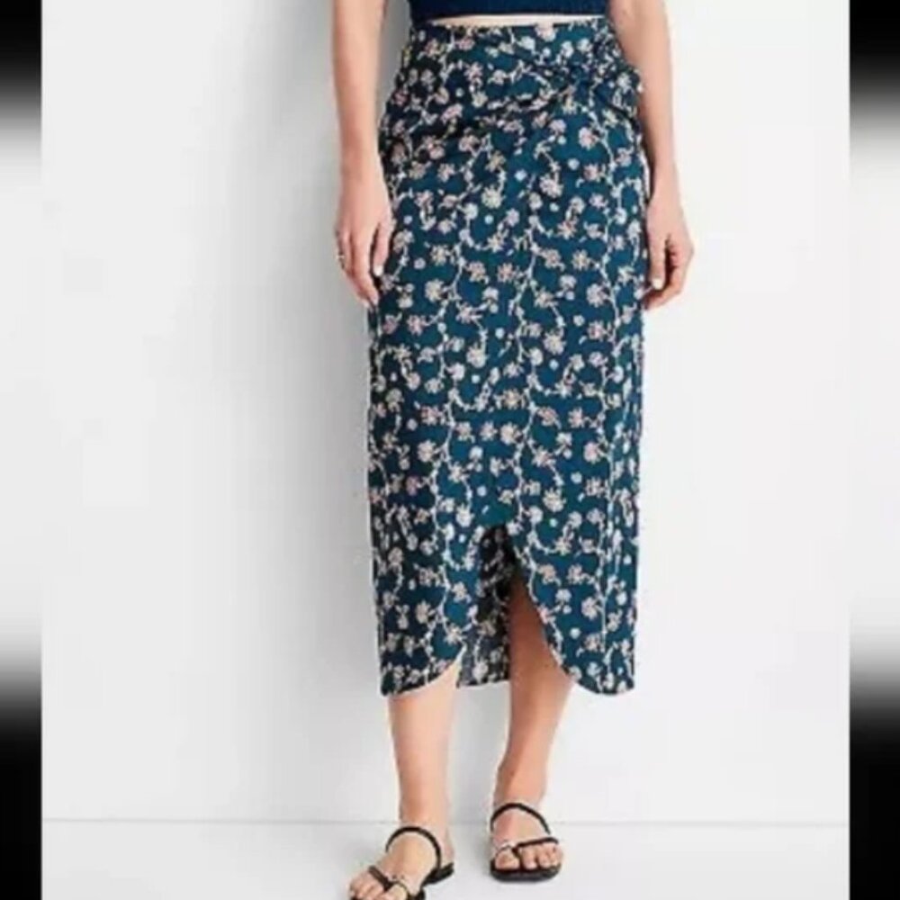 Future Collective Jenny K. Lopez Floral Navy Blue Midi Wrap Skirt